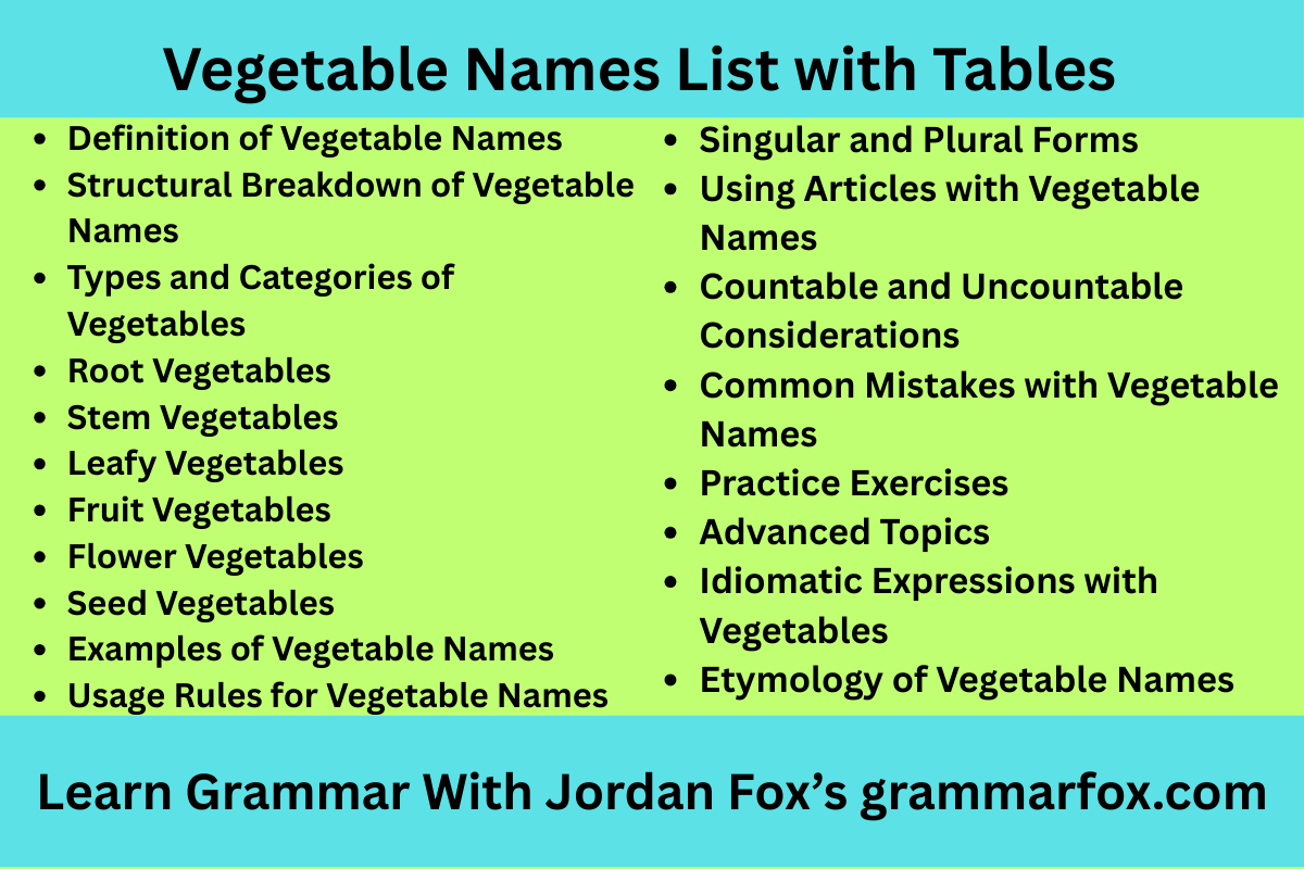 Vegetable Names List with Tables
