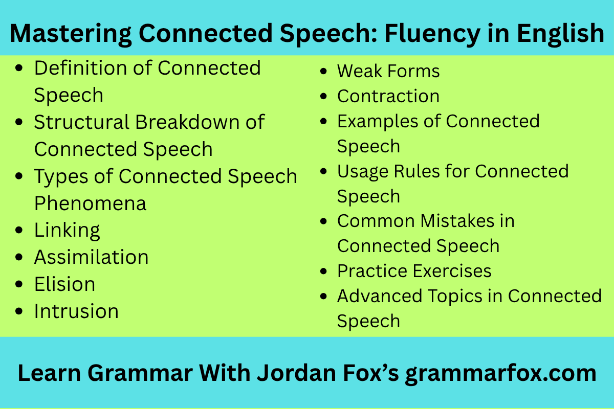 Weak Forms Contraction Examples of Connected Speech Usage Rules for Connected Speech Common Mistakes in Connected Speech Practice Exercises Advanced Topics in Connected Speech
